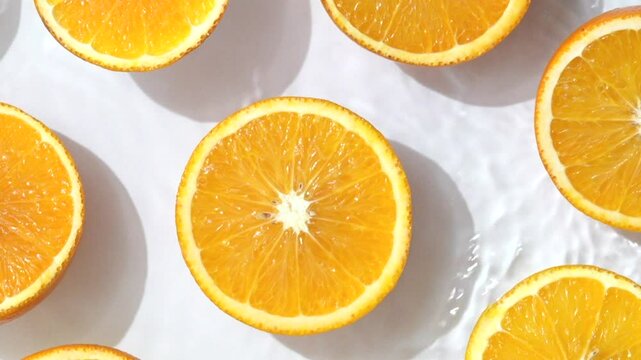 Close up video of mandarin slices surrounded by water ripples. White background with half oranges placed on water waves.
