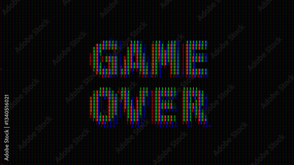 Aufkleber game over glitched word. led panel or monitor macro cyberpunk style banner. led neon tech glitch bac