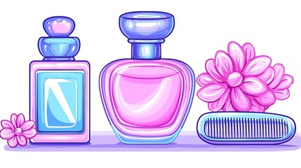 Pink and blue perfume bottles with flowers and comb, decorative illustration, for beauty products