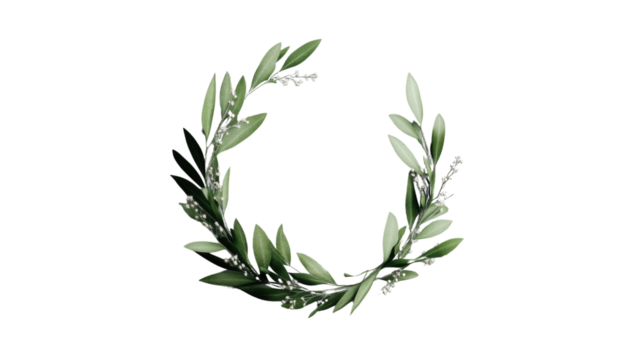 Elegant green leaf wreath with white flowers on transparent background