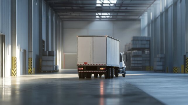 White box truck trailer backing into distribution warehouse bay