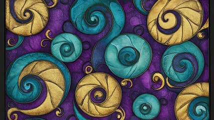 Swirling teal, gold, purple abstract art