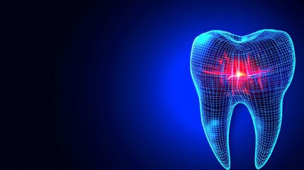 Wireframe Tooth with Central Pain Point Depicted in Red and Yellow Hues on Dark Blue Gradient Canvas