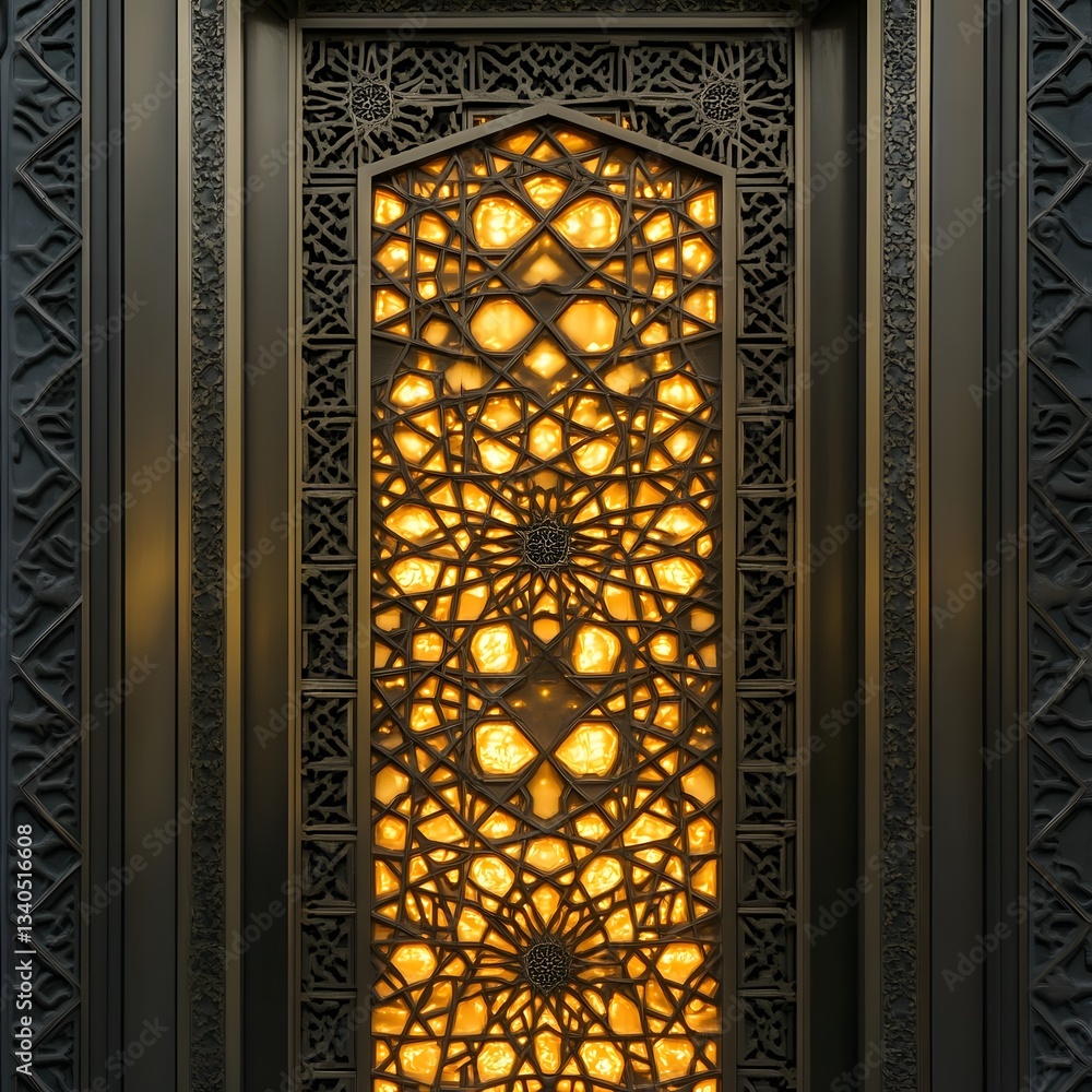 Poster intricate stained glass window design illuminated from behind, showcasing geometric patterns and art