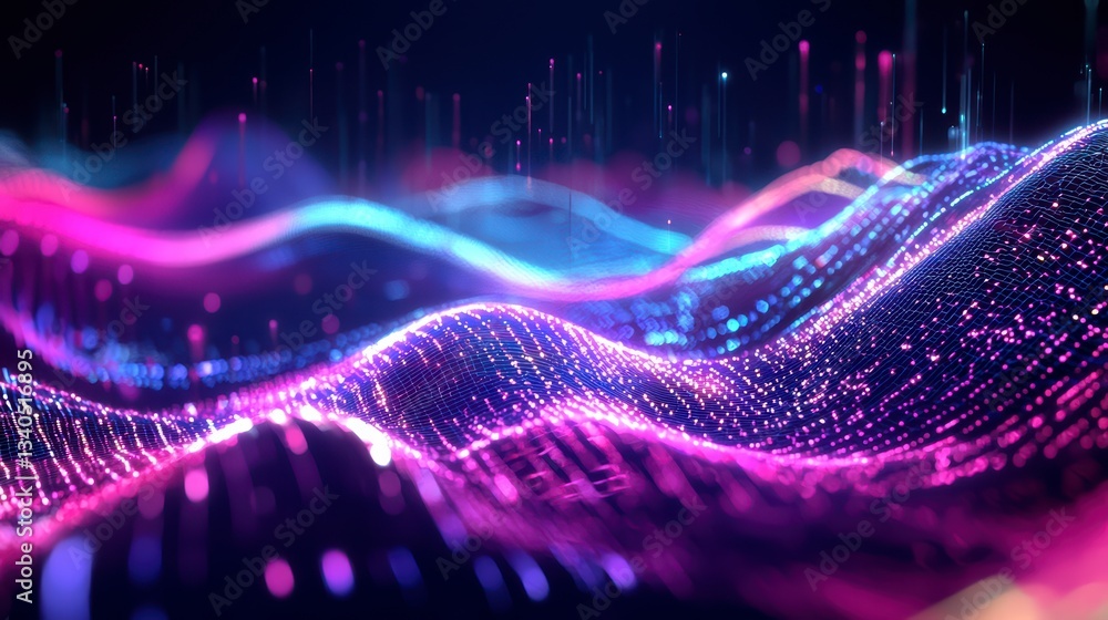 Poster abstract data flow: vivid, dynamic visualization of data flow, with vibrant colors and undulating pa
