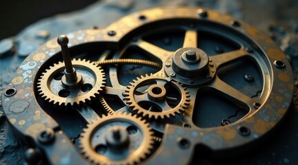 Intricate Gear Mechanism A Close-Up View of Interlocking Metal Cogs and Wheels