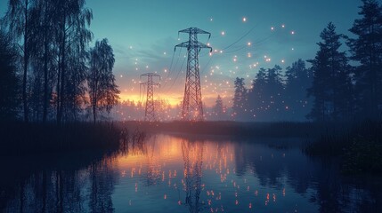 Enchanted Sunset: Electrical Towers and Firefly Magic