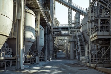 Fototapeta premium Massive hoppers pour cement into mixers. The plant hums with steady activity.