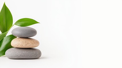 Fototapeta premium Serene Stacked Stones and Green Leaves on White Background, Generative AI.