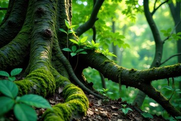 Fototapeta premium Lush Green Moss Draped Over Ancient Tree Roots in a Verdant Forest