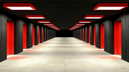 Endless Corridor with Red Doors and Ceiling Lights in a Futuristic Hallway Environment Design