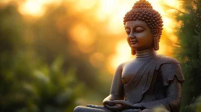 Close-up of a Buddha statue in a peaceful setting during Mahavir Jayanti. AI Generated Images