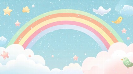 Pastel Rainbow Dreamscape: A whimsical illustration of a rainbow arching over fluffy clouds, dotted with stars and tiny birds, creating a serene and magical backdrop.