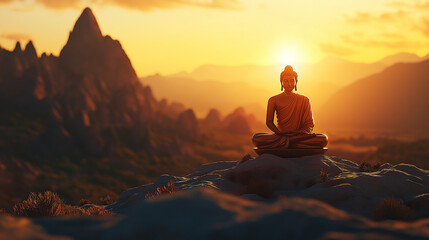 Buddha statue with a mountain view at sunset, symbolizing tranquility. AI Generated Images