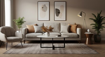 Elegant Modern Living Room with Neutral Tones and Abstract Art Pieces. Decor Inspiration for Minimalist Home Design.