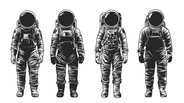 Four detailed illustrations of astronauts in spacesuits, standing upright, showcasing different suit designs.