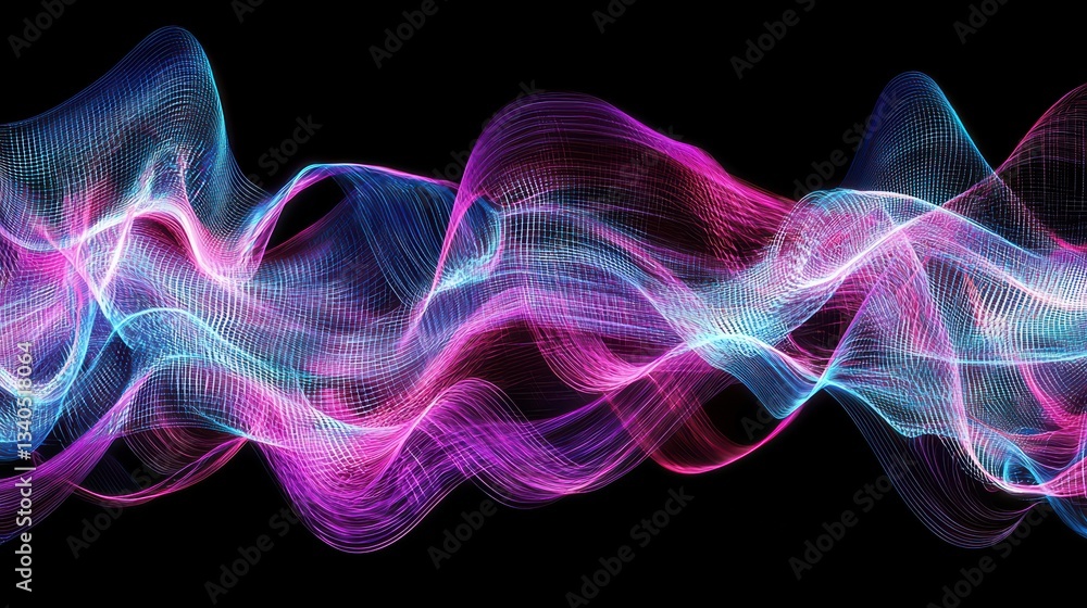 Poster abstract waveform: a dynamic display of fluid, colorful waveforms swirls and dances against a dark b