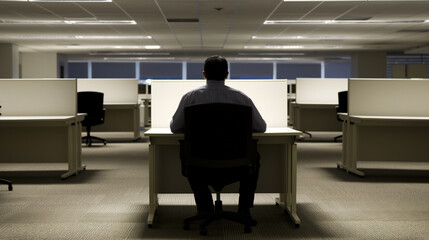Man sitting alone in an empty office, gazing at an empty desk with a few personal items, symbolizing job loss and layoffs, conveying a sense of uncertainty and reflection	
