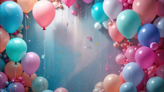 Celebratory pastel balloons floating in festive party backdrop. 