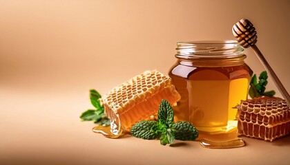 jar of honey with mint and honeycomb on bright background with space for text