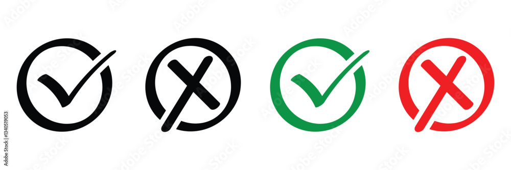 Poster right or wrong icons in black, green and red. green tick and red cross checkmarks. yes or no symbol,