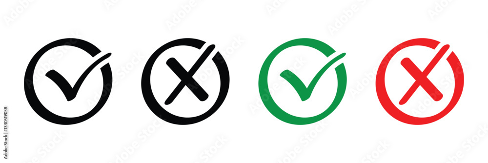 Poster right or wrong icons in black, green and red. green tick and red cross checkmarks. yes or no symbol,
