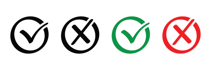 Right or wrong icons in black, green and red. Green tick and red cross checkmarks. Yes or no symbol, approved or rejected icon for user interface.
