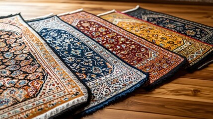 Colorful prayer mats arranged on a wooden surface