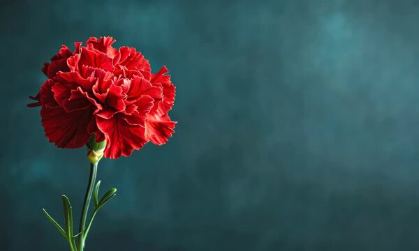 Single red carnation flower against dark teal background