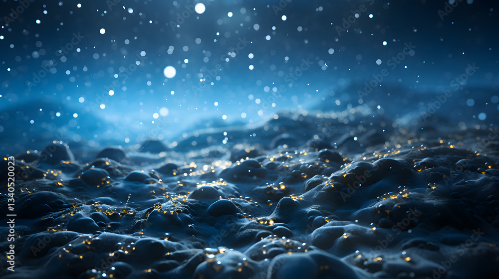Poster rocky beach with numerous rocks and glowing particles creating a beautiful scene representing exotic