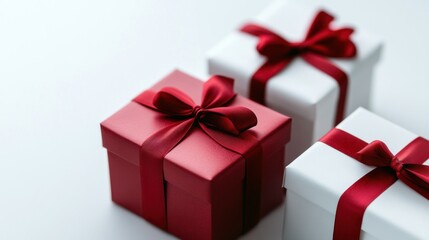 Obraz premium Three gift boxes, white and red, decorated with satin ribbons and bows