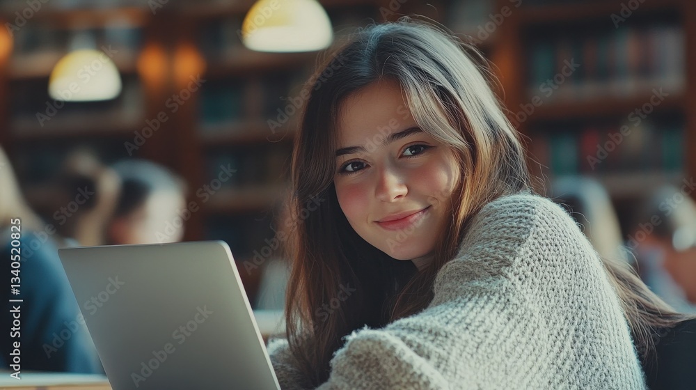 Poster happy young woman working on laptop and looking at camera in classroom. portrait of smiling universi