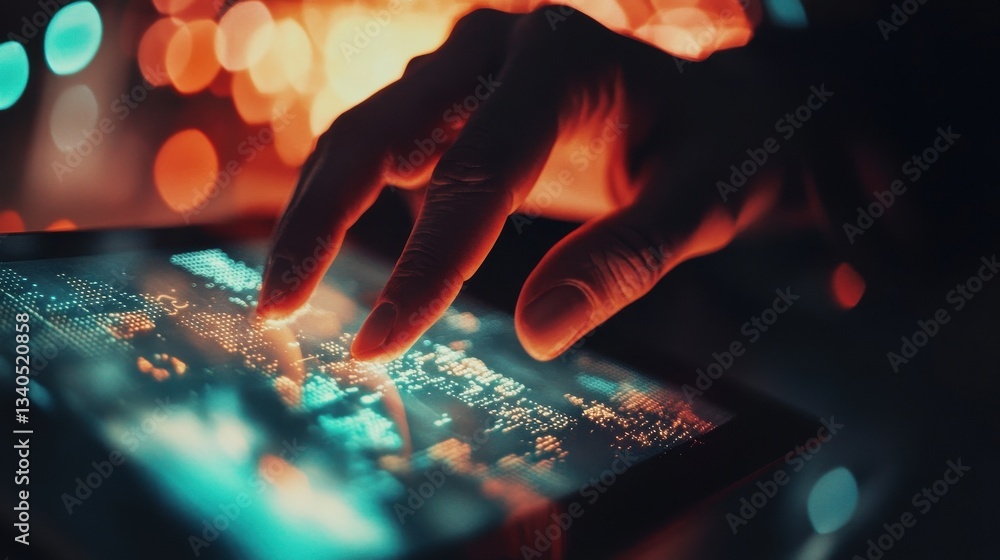 Poster close up of hand using tablet with binary code and padlock interface on blurry background. safety an