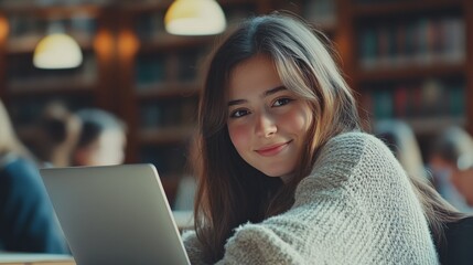 Happy young woman working on laptop and looking at camera in classroom. Portrait of smiling university student in library use computer for a research. Satisfied college student looking at camera.