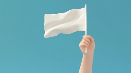 Support hand with white flag 3d cartoon style illustration