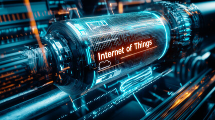A futuristic visualization of the Internet of Things. Glowing digital interface with advanced circuit technology, cybernetic components, and bright blue and orange lights.