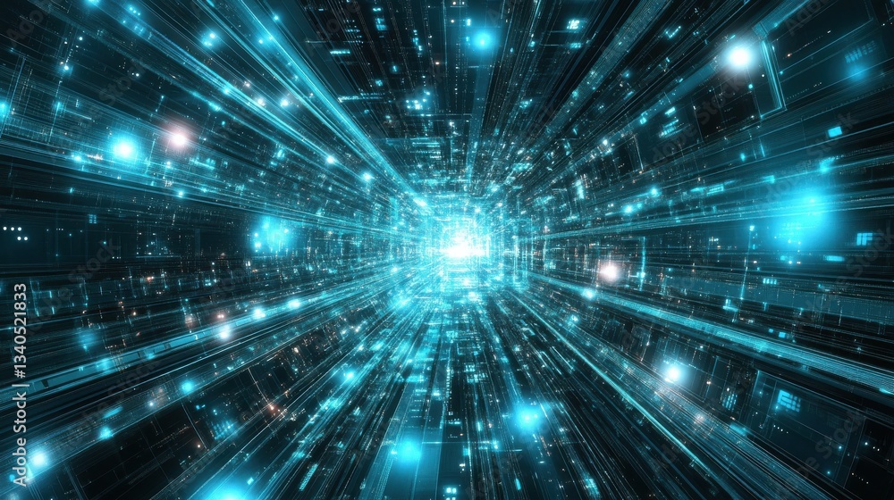 Poster Big data flow technology and science vector background, tech abstraction with lines electronics and digital style in 3D dimensional perspective, abstract illustration.