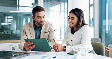 Woman, man and meeting on tablet at office of planning, financial document and company growth. People, discussion and online information for paperwork, profit graph and investment report and feedback