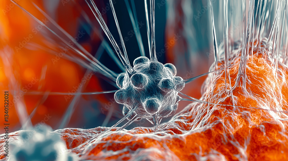 Poster highly detailed 3d microscopic view of a complex biological cell with multiple tendrils extending ou