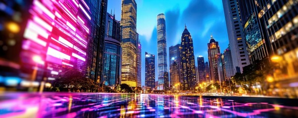 Obraz premium A vibrant city skyline at dusk, illuminated by colorful lights reflecting on water, showcasing modern architecture and a lively urban atmosphere.