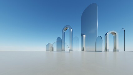 3d illustration of abstract minimal architecture background, geometric architectural with chrome or metallic arch design