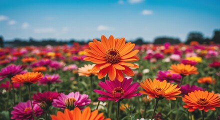 Vibrant Flower Field with Orange and Pink Blooms Under Blue Sky, A Visual Delight