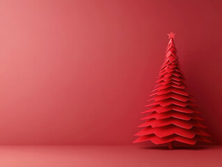 Minimalistic christmas concept featuring a vibrant red christmas tree positioned in a bright red room, embodying festive simplicity