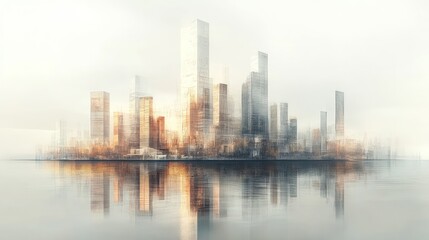 Fototapeta premium Abstract cityscape with reflections on a calm body of water