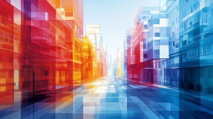 Abstract colorful architectural rendering shows a perspective down a city street