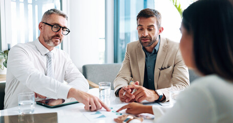 Documents, budget discussion or business people in meeting for teamwork, investment profit or...