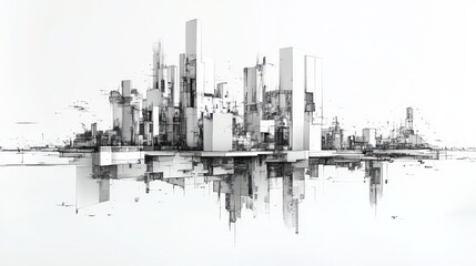 Cityscape drawing with architectural forms and mirrored reflections