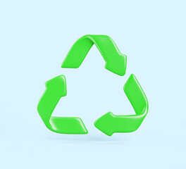 3d recycle sign, green triangle arrows. Realistic logo render icon, recycling material symbol for sorting paper, glass, plastic or organic waste. Save planet, environment and ecology. 3D illustration