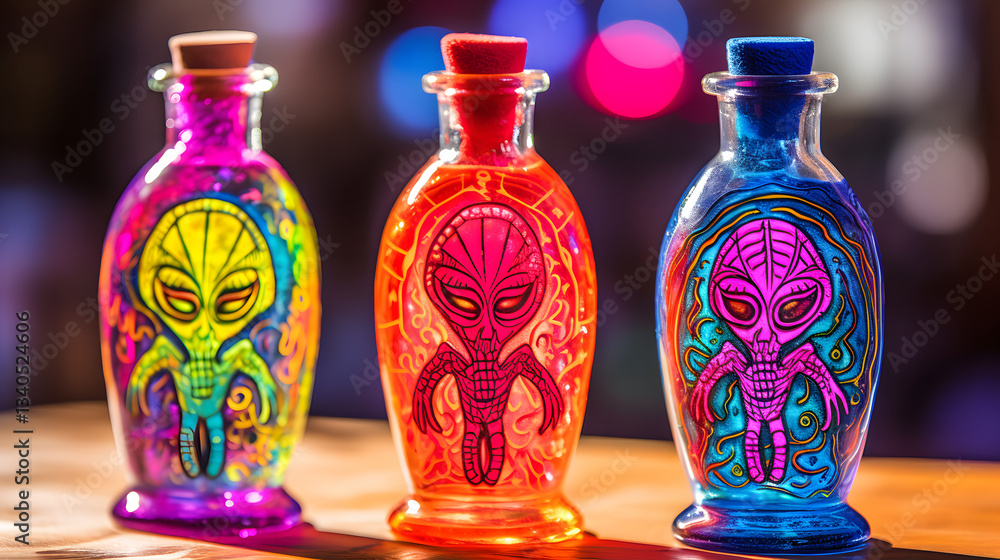 Aufkleber three bottles with unique designs displayed on a lab bench featuring exquisite extraterrestrial reso