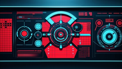 Fototapeta premium high-tech digital interface displayed on a flat, horizontal screen. The layout is sleek and modern, featuring a combination of vibrant neon colors, primarily red and blue, against a dark background. T